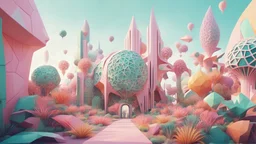 Animated Bright solar punk world, futuristic, nature with plants, pleasant pastel colours, Architectural buildings, voronoi patterns, carnival like event