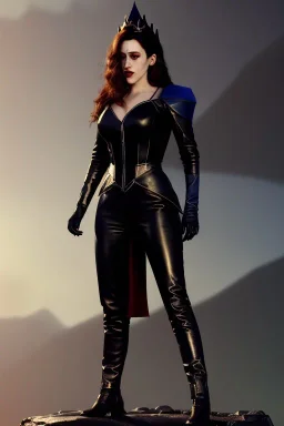 painting of kat dennings as evil queen in black leather pants, , leather, angry, stern look, volumetric lighting, particales,highly detailed,cinematic, deep colours,8, highly detailed, digital painting, artstation, concept art, smooth, sharp focus,