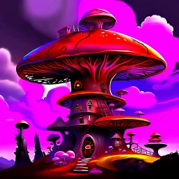 A fantabulous black, purple and red (((mushroom tower house))) erected atop a (geologic pillar), surrounded by the uncanny imaginative ((( swirling skies))), offset by the stark hues of a (neon-tinged nebulous space scape), within. captured by the hand a skilled master painter with a focus on (softly blurred compositions and voluminous lighting).