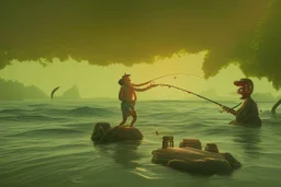 A man is attacked by a mutated monster in sea while he is fishing, cartoon style Simon Stålenhag