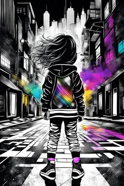 Mixed media picture, the background is black and white line art cityscape. In the middle a colorful photo of a little girl playing in the street, the girl is wearing colorful clothes, her hair is black. enhancing the contrast between her and the black and white cityscape, illustration, cinematic, sharp lights