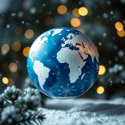 all World Map Globe Ball in Blue-white Colors and warh lights, blur background with snowflakes , and pines, intricate details, beautifully shot, hyperrealistic, sharp focus, 64 megapixels, perfect composition