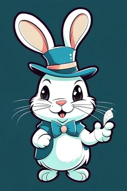 White Rabbit wearing a top hat holding a magic want winking cartoon style