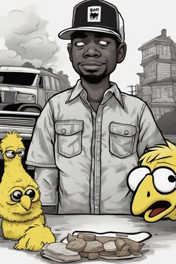 The Walking Dead x Tyler the Creator x The Character Happy is the current mascot for McDonald's Happy Meals and PlayPlaces. x Big Bird from Elmore Street x Fat black and white cat x Charlie from it’s always sunny in Philadelphia x Comic Book Art.