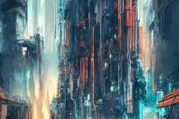 Art by John Berkey and John Harris and alena aenami, futuristic cyberpunk city, high rise, smooth, sharp focus, hiper detailed, digital painting, elegant, centered, buildings connected through platforms, japanese neon signs, volumetric lightning