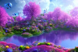 monde en fleurs, blue lake, flower tree-houses, concept art, crépuscule , fuksia bleu oranger, vibrant Color, réaliste, riviere bleu, tree-house bougainvillier, roses