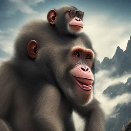 a chimp in sunglasses on a mountain, realistic, midjourney, dramatic light, close up, smoky background, cinematic