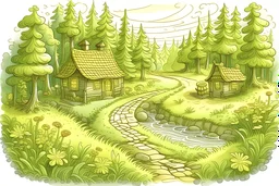 A page for drawing a peaceful forest scene with a winding path leading to a cozy cottage bathed in sunlight.