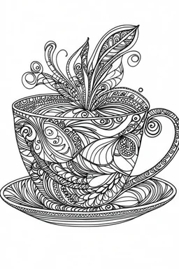 Outline art for coloring page, FULL PAGE ONE EMPTY TEACUP GROOVY DESIGN, coloring page, white background, Sketch style, only use outline, clean line art, white background, no shadows, no shading, no color, clear