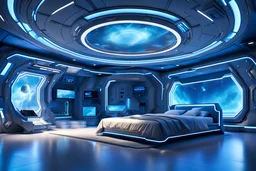 комната отдыха в космическом корабле будущего большая комната с голубоватым освещением большая кровать с боку фото реалистичность 4к