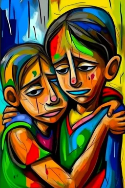 a girl hug her brother and both crying sadly, expressionism, Pixar style, in abstract art Basquiat, Picasso, Miro, Kandinsky, Klee, Birell, Fairey, Ardon, Buffet and Picasso style, HD --s 750 --v 5.1 --style raw, water color