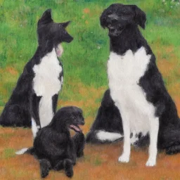 a Impressionist painting with a black dog and gray cat