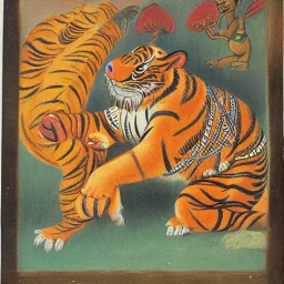 ancient indian yali mythical creature fighting a tiger painting