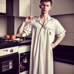 Russian shorthair beautiful 20-years guy boyish boylike wide hips in black girlish nightgown in kitchen