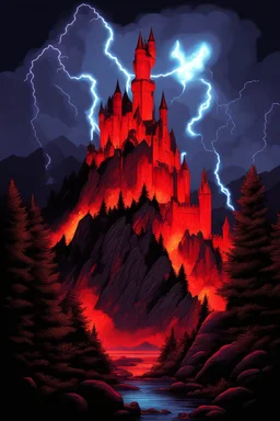 fire, lightning, wind, rain, volcanic lava, fireworks, explosions, multicolored neon lights, Count Dracula with red eyes and sharp fangs, craggy trees, giant boulders, dust, smoke, fog, clouds, bubbles, Neuschwanstein, Mont Saint-Michel, giant bats, giant gargoyles, Ogers, Dragons, Bigfoot, Frankenstein, Wolfman, the mummy, Giant Pee Wee Herman monster, an albino cat, snow white zombie