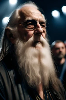 old man with beard attending a heavy metal concert