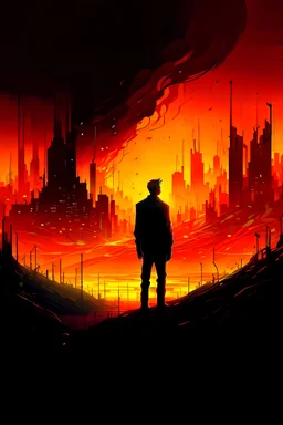 a person standing in a field with a city in the background, digital art, inspired by Cyril Rolando, detailed glowing head, orange glow, pascal blanche, abstract realism, pino daeni and dan mumford, stylized silhouette, glitch effects over the eyes, yellow aura, trending on artstration, abstract painting of man on fire, illustration style, lit from behind