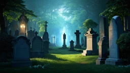 Highgate Cemetery atmospheric and cinematic lighting from the ground, cinematic, professional digital art, best on Artstation, cgsociety, wlop, Behance, pixiv, astonishing, impressive, outstanding, epic, cinematic, stunning, gorgeous, breathtaking science fiction art, Cemetery , matte painting, highly detailed, art by Artgerm and Greg Rutkowski