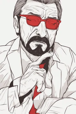 an angry man who looks like Hans Gruber wearing solid red glasses