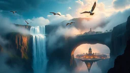 A colossal waterfall cascading off the edge of a floating continent, with massive birds soaring between the mist and a glowing city suspended beneath the cliff. Photographic quality and detail, award-winning image, beautiful composition.