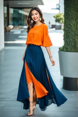 fullbody shot of young-beautiful-ozbek-with-a-perfect-face-with-make-up-wearing-orange top and midi pleated blue skirt