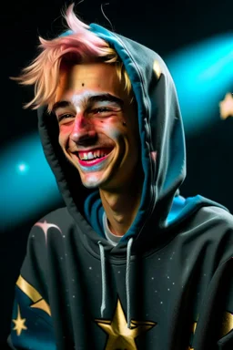 An androgynous young man with tousled pink hair and golden eyes floating among the stars wearing a light blue hoodie and black board shorts. He is smiling softly and holding a star in one hand.