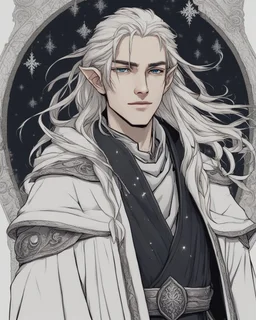a young high elf frost Wizard with long wiry hair, wearing a black trimmed white nobleman's robe and frost ornaments on clothes