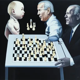 Complex Surgical Instruments,Putin,President Xi jinping,Joe Biden Play Chess with a Newborn Boy,absolute order,black background,surrealism,minimalism,Painting By Adrian Ghenie,Michelangelo,Rene Magritte,Lucian Freud,Salvador Dali,Pablo Picasso