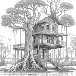 swamp shack, Whispering Cypress Swirls, Clyster crisp clear lines, clean line art, line art, Black and white coloring page, for adult, perfect shape, each image separate model treehouse, realistic, unique, unique style, masterpiece, variation, clean coloring page, vector coloring book illustration, no shading, only draw outlines, crisp, full page, use up the entire screen, line art, clean line art,