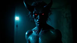 A demon from afar with sharp features and glowing red eyes, ominous, red eyes, a naked body with hair, in the basement of a dimly lit house, In the dark night, photo real, 8k, cinematic, this poster incorporates rich cinematic color grading reminiscent of Kodak Porta 400 and Cinestill 800 films, shot through a Leica M10 lens, with a cinematic image of high contrast.