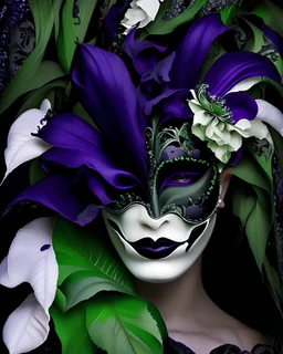 Beautiful venetian carnival style black calla and white qnddeep violet qnd green botanical irridescent deep violet qnddeep green calla dlower patterned masque rococo bioluminescense white and geen deep violet calla flower deep green qnd white leaves botqnical and black calla flowers ár pearl art voidcore woman portrait, adorned with black kalla rococo venetian flowers calla leqves headress ribbed with white quartz and dqr deep green qnd green colour gradient opal black onix bioluminescense black