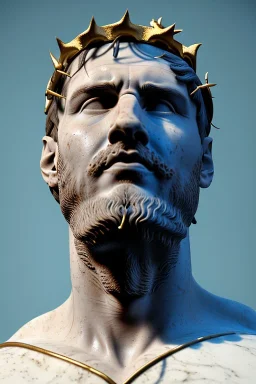 Ultra Realistic image, Roman sculpture, white marble material, Lionel Messi, gold crown of natural thorns, god crown, Renaissance style, sun rays background, waist up portrait, epic, celestial, cinematic lighting, God lights, 4k resolution, smooth details, soft lighting, unreal engine 5, art station, substance 3d.