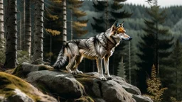 wolf on a rock next to forest