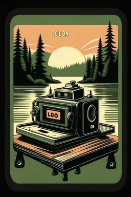 A classic Polaroid camera rests open on a wooden dock, overlooking a misty lake at dawn. AND WORDS\" ZOOM _NATURE \"IN WHIT LETTERS.THE BACK. Lush pine trees line the shore, with a lone loon calling out in the distance. Style: Vintage, Mood: Tranquil, Lighting: Soft, cool morning light, T-shirt design graphic, vector, contour, white background.