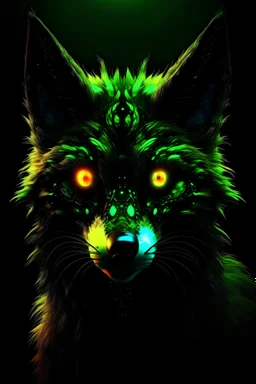 terrifying humanoid Fox like creature, turning to face you, hunch over, dark, force, background, glowing eyes, staring, covered decay, deep shades of green, covering forest, dark, rainbow, gradient, sky, dark, starry night,