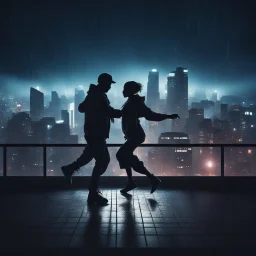 Silhouette Of A Hip Hop Couple Dancing Groovily On A Rooftop With A Futuristic City At Dark Heavy Rainy Night And Futuristic Lights Showing Dramatic And Cinematic Ambiance.