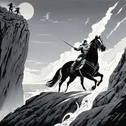 [art by Bruce Timm] But the prey suddenly disappeared at the edge of a cliff. Roupinho and his horse were racing toward the 100-foot precipice and sudden death. In a true Hail Mary fashion, the knight begged for help from the Virgin Madonna of Nazaré, At the moment before catatrophe (as legend has it) the blessed Mary made the horse turn away just before hurtling over the abyss. To Roupinho it appeared to be a supernatural occurnce that saved his life. (Later some claimed it was the devil, disgu