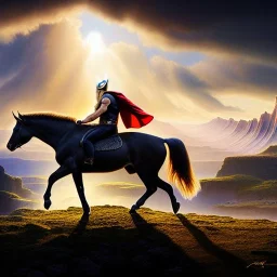 Ultra detailed fullbody Portrait in oil on canvas of Thor with asgardian armor riding a Horse,extremely detailed digital painting, extremely detailed face,crystal clear eyes, mystical colors ,perfectly centered image, perfect composition, rim light, beautiful lighting,masterpiece,8k, stunning scene, raytracing, anatomically correct, in the style of Steve Jung and robert e howard and Wizyakuza and Ohrai Noriyoshi and Simon Bisley and uncannyknack.