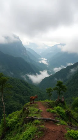 A trail between two mountains peaks in the Amazon side view , , two dears , below is a huge wood top view , foggy, misty , adventures