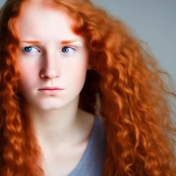 face of a young woman head and gaze downcast with fine features and long ginger hair