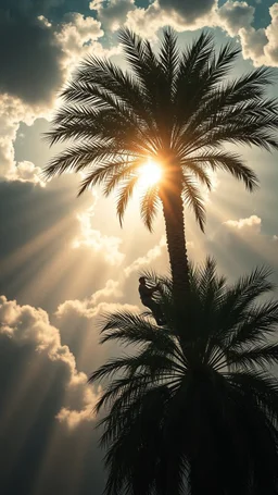 Sun light above swirling clouds, emerges from the heart of a raging storm. Turbulent winds of steam swirl around lit by shafts of sunlight that cast dramatic shadows on the A man climbing thebeautiful date palm tree, High quality 16k cinematic scene and great photography