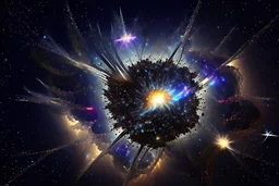 photorealistic fractal space hawk made of stars and sparks, galactic multiverse, infinity vanishing point, gigantic exoplanet hyperboloid quasar thunderstorm