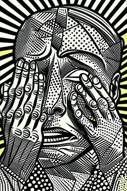 tribal man in grief with hands on face crazy shapes pencil draw style of roy lichtenstein