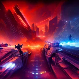 cyberpunk, landscape, GUITARS, cinematic, highly detailed, close up, 4k, deep colors, gold, fire, red, purple, dark, ethereal, utopia, apocalypse, from outer space