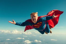 a thoroughly confused, frail, elderly and obese donald trump flying through the air dressed as superman