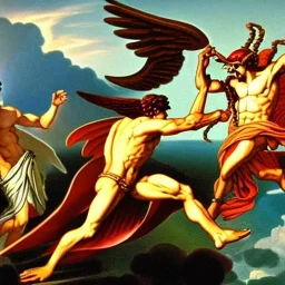 The winged messenger Hermes delivering a message to Zeus but Zeus is a Hydra. Medusa and the Minotaur are fighting in the background.