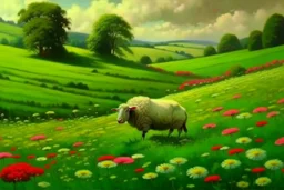 bucolic English countryside, peaceful sheep grazing in bright green grass, tiny colorful wildflowers Modifiers: extremely detailed bright studio setting 8k rose tones oil on canvas very attractive beautiful