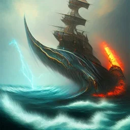 A titan dragon of the sea with huge wave with fire and rain