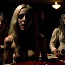 Horror movie shot, spooky, hot, ultra realistic, dine, hottest, they enjoy and get excited, ultra realistic hot blonde women, party, pieces of meat, organs, ail, dynamic, very excited people, hypermaximalist figures, light, 1970's Italian horror movie, sinister,, Dario Argento, Stanley Kubrik, ornate, 4k, photorealism