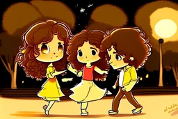 a cute chibi spanish man with short curly brown hair cropped at the back in yellow T-shirt and jeans with a cute chibi contented girl with long brown hair and brown eyes in a red elegant jumpsuit and red high heels, and a chibi girl with blonde brown hair in a beige dress dancing dynamically in Madrid in the Retino park, in the moonlight, ethereal, cinematic postprocessing, airplane in the sky